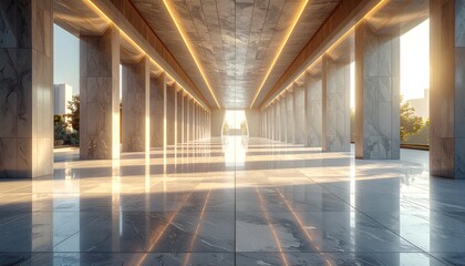Modern, marble hallway with light-filled perspective and warm illumination