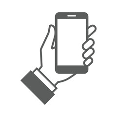 A black and white illustration depicts a hand holding a modern smartphone with a blank screen