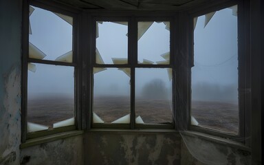 a haunting photograph of broken window of an abandoned house