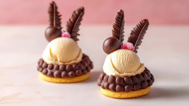 Vanilla ice cream scoop on chocolate cookie base decorated with chocolate feather and candy sweet dessert creamy texture rich flavor elegant treat