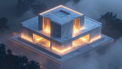 Cubic structure with glowing edges, set against a misty mountain background