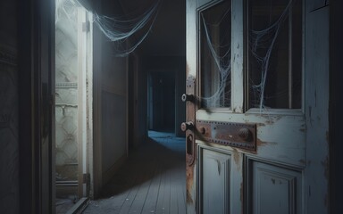 a haunting photograph of an old wooden front door with rusted door handle