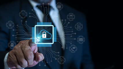 Businessman holding cloud computing infrastructure technology, data system storage service concept. Modern white small cloud with digital tools management icons and circuit graphic