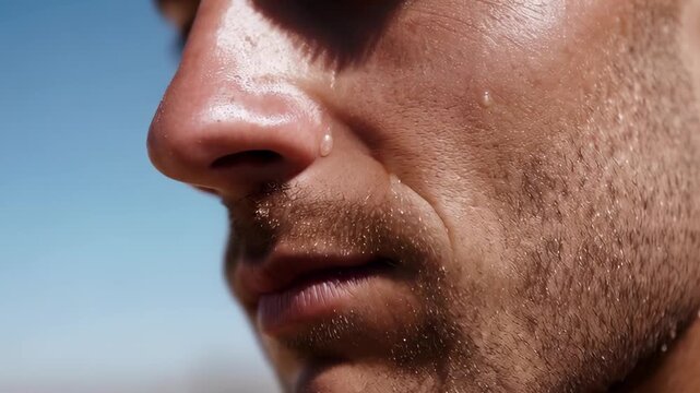  Close-up of Man's Face Sweating in Sunlight