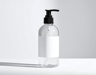 Clear bottle with black pump dispenser and white label on white surface