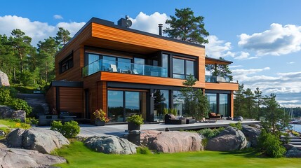 Modern luxury waterfront residence showcases stunning contemporary architecture with rich wooden cladding and expansive glass overlooking a beautiful natural landscape