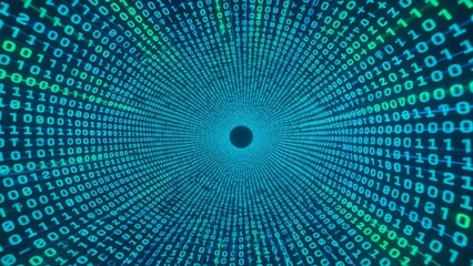 Digital tunnel of green and blue binary code on transparent background with central data vortex