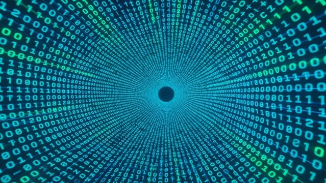 Digital tunnel of green and blue binary code on transparent background with central data vortex - Powered by Adobe