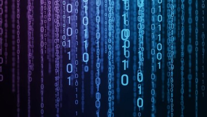 Digital binary code matrix with purple and blue hues on transparent background
