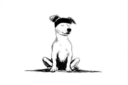 Un perro dibujado a tinta meditando con un vendaje en los ojos.