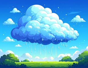 Cartoon image shows a large, puffy cloud over a green field under a bright blue sky, suggesting a rainy day