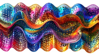 Vibrant, wavy abstract artwork with multiple layers of multicolored, glittery ribbons