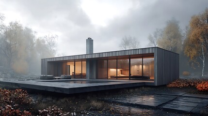 Modern minimalist prefabricated modular home featuring expansive floor to ceiling glass walls and warm interior lighting nestled quietly within a foggy autumn forest landscape setting
