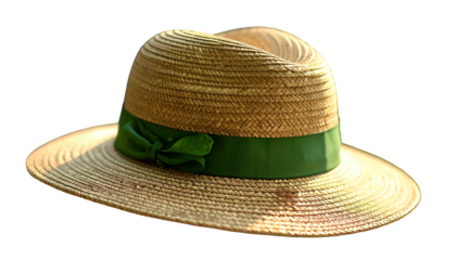 Close-up of a stylish, light brown straw hat with a green ribbon and a slight tilt