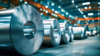 Large industrial rolled steel coils lined up inside a modern factory with polished metal surfaces and blurred background details of the manufacturing facility