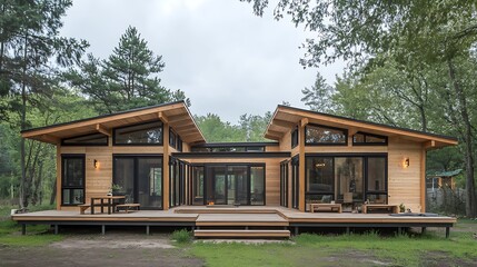 Modern prefabricated modular home featuring warm cedar siding expansive glass walls and a wide connecting outdoor wooden deck surrounded by dense forest