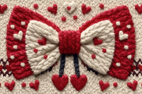 Un primer plano de un dise&ntilde;o tejido con un lazo y corazones.