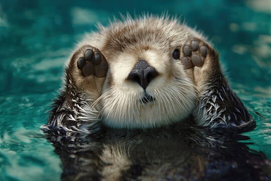 Un adorable lobo marino levanta las patas delanteras en un gesto de aplauso mientras flota en el agua.
