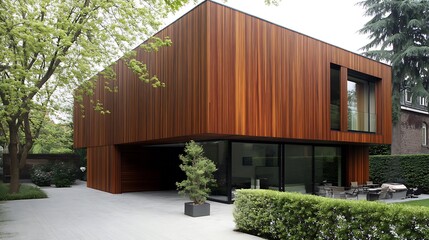 Contemporary two story modern residence featuring striking vertical cedar wood siding and expansive glass facade design elements surrounded by lush green landscaping