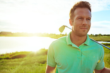 Golf course, man and think with club by lake, game reflection and move visualization for shot idea. Planning, terrain assessment and person with flare for practice, outdoor space and decision making