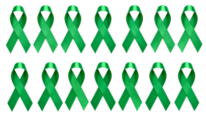 Rows of vibrant green awareness ribbons against a stark black background