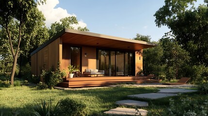 Modern minimalist prefabricated modular cabin showcasing contemporary wood siding design nestled deeply within a lush vibrant green forest setting under blue sky.