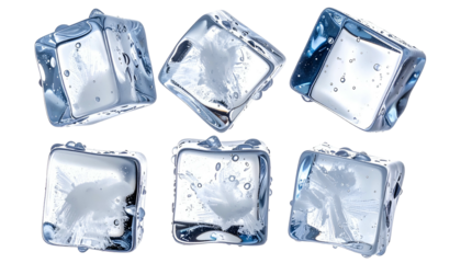 Six translucent ice cubes, arranged to appear floating. Clean, cool, and crystalline
