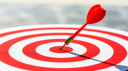 A red dart has hit the bullseye of a dartboard with alternating red and white rings