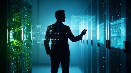 Silhouette of a businessman interacting with futuristic server room interface on transparent background