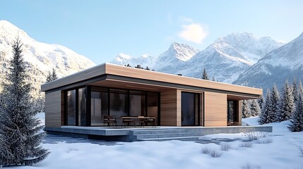 Modern prefabricated wooden cabin featuring expansive glass windows nestled in a pristine snowy alpine mountain landscape surrounded by frosted evergreen trees during bright daylight