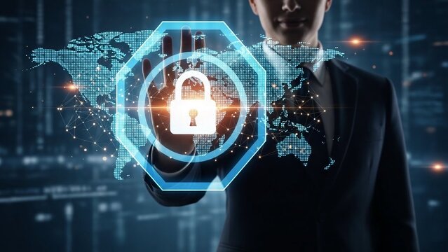 Businessman presenting a digital padlock on a futuristic interface on transparent background - Powered by Adobe