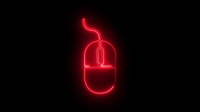 Glowing neon computer mouse icon animation on black background. Optical with wheel symbol. representing technology, digital, and user interface elements. 4k video animation.