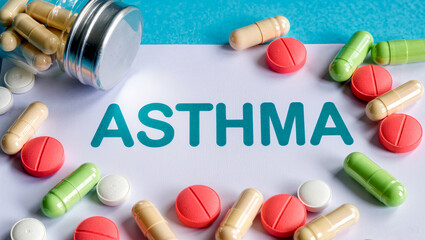 ASTHMA in green letters surrounded by assorted colored pills and capsules, along with a partially visible glass bottle, illustrating asthma treatment on a light blue textured surface