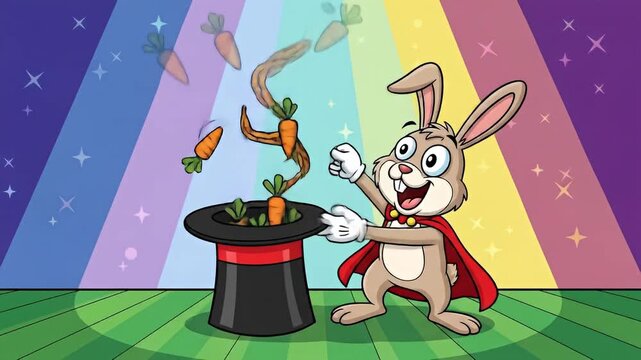Magical Rabbit Cartoon Animation with Carrots and Hat.