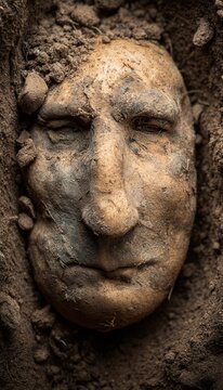 Close-up of a partially unearthed, ancient-looking face covered in earth.