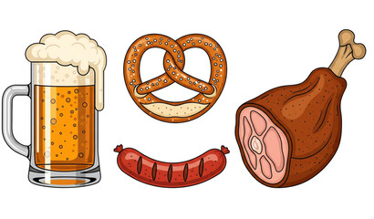 Oktoberfest food elements vector set beer pretzel sausage