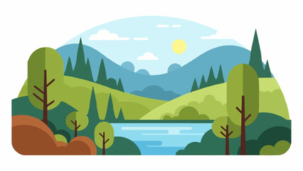 Obraz premium Serene landscape with rolling hills, a calm lake, trees, and distant mountains under a clear sky