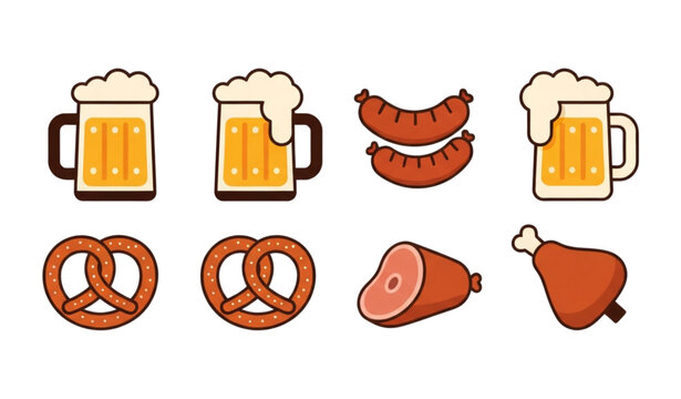Modern flat Oktoberfest food icons beer pretzel sausage
