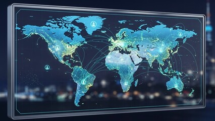 Glowing blue world map on futuristic screen with connections on transparent background