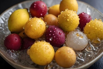Fruit placed in a bowl with water droplets, displaying different kinds and colors, ready for a snack or dessert after preparation in a kitchen setting Generative AI