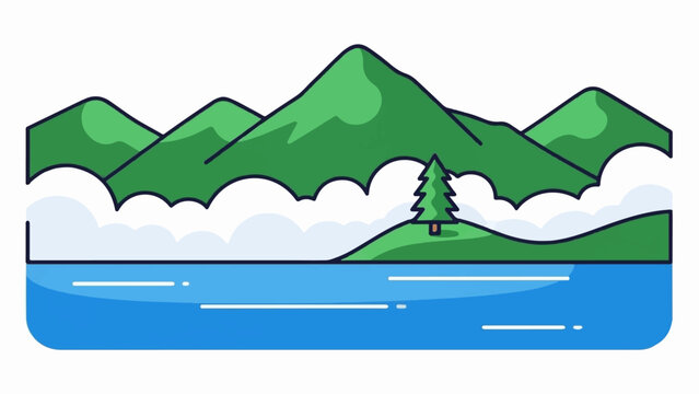 Stylized green mountains above a tranquil blue lake with fluffy white clouds and a single evergreen tree