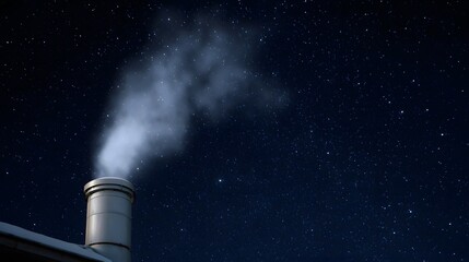 A metallic chimney emits a gentle plume of white smoke against a deep dark night sky filled with countless twinkling stars