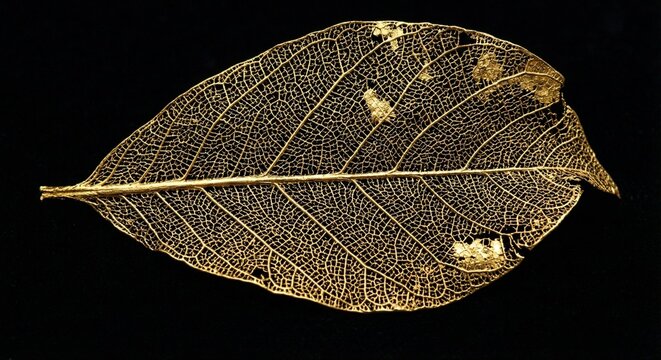 Delicate skeleton of a translucent leaf against a stark black background, revealing intricate vein patterns