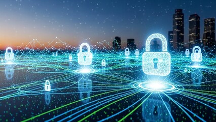 Multiple glowing padlocks connected by neon blue lines on a futuristic cityscape at dusk on transparent background