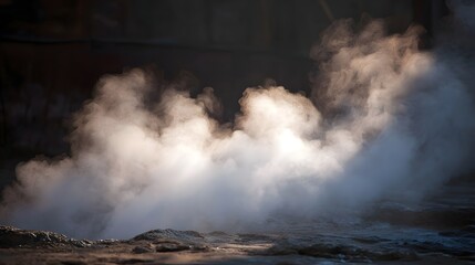 White steam rises dramatically from a textured surface under warm atmospheric lighting