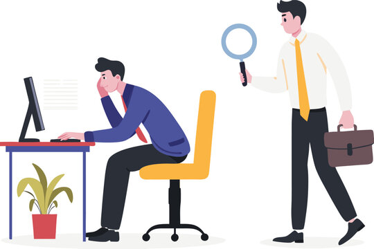 Micromanaging boss, toxic manager monitoring every details, excessive supervision and control of employee work and processes, micromanager boss using magnifying glass keep looking at employee working.