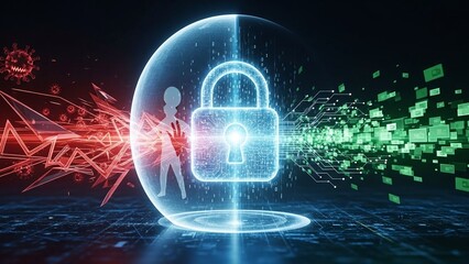 Digital security concept with glowing blue padlock and human silhouette on transparent background with red and green cyber effects