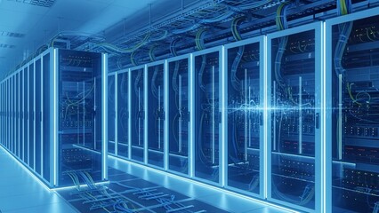 A futuristic blue lit server room with rows of computer servers on transparent background