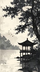 Obraz premium Small Wooden Pavilion by the Water Surrounded by Maple Trees