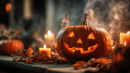 Glowing carved pumpkin with a cheerful face surrounded by autumn leaves and flickering candles creating a warm festive atmosphere on a wooden table